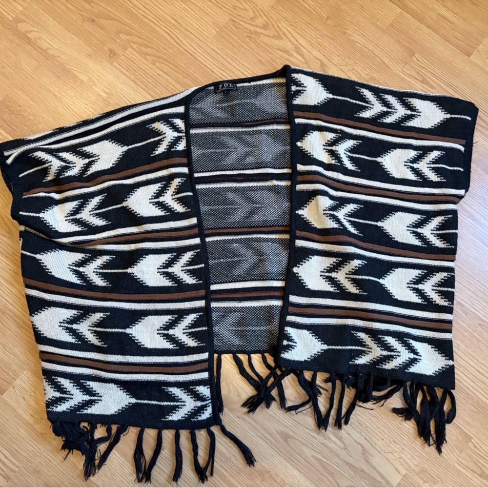 POL Western Shawl Southwestern Black Brown Cream Fringe Knit Large Cotton-Blend